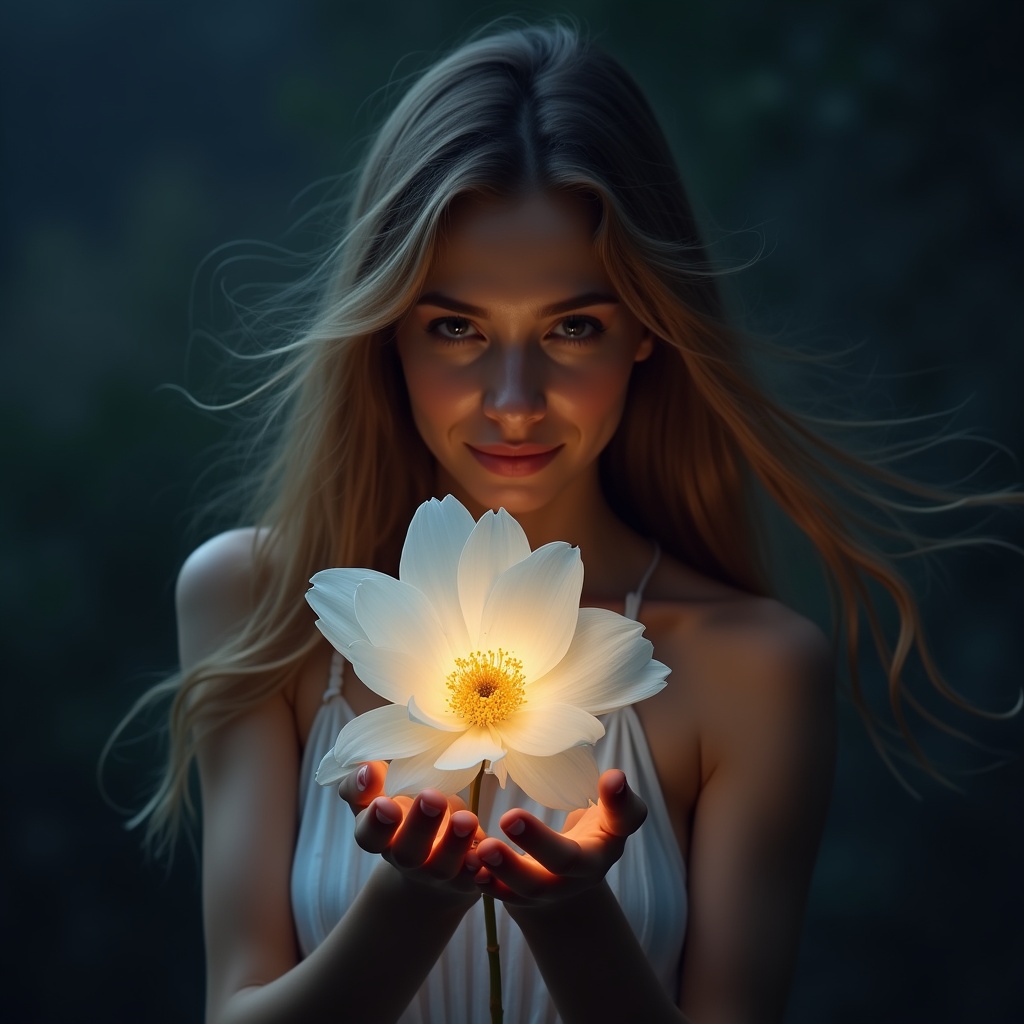 Woman holding flower at night Woman holding flower at night