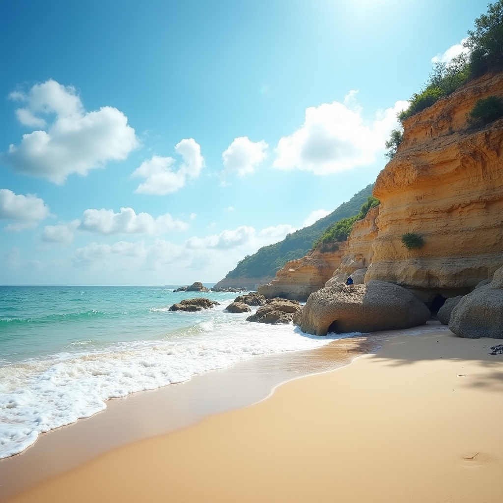 Sunny beach with rocky cliffs by ocean Sunny beach with rocky cliffs by ocean