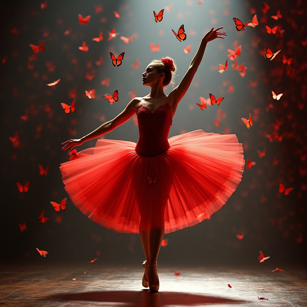 Ballerina dancing in red dress with butterflies Ballerina dancing in red dress with butterflies