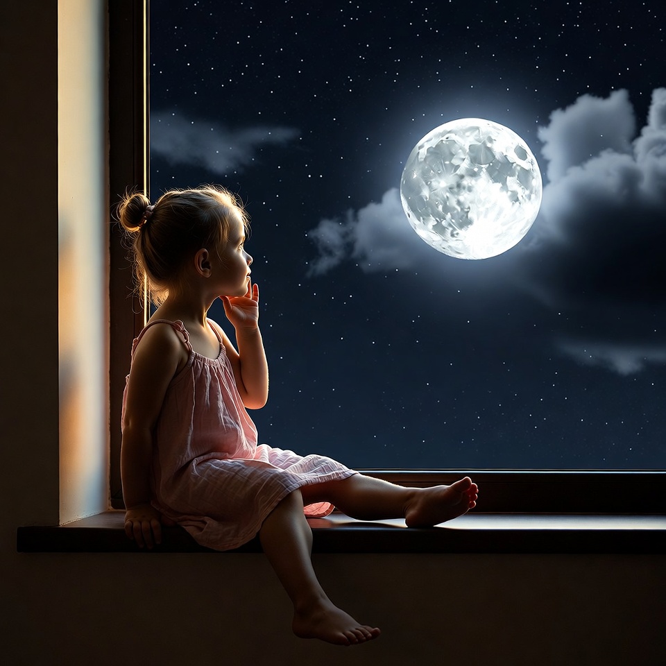 Child gazes at full moon Child gazes at full moon