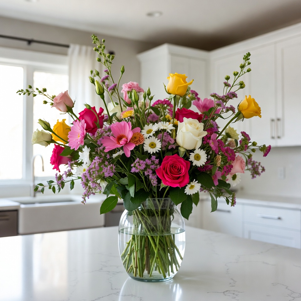 Colorful flowers in a kitchen vase Colorful flowers in a kitchen vase