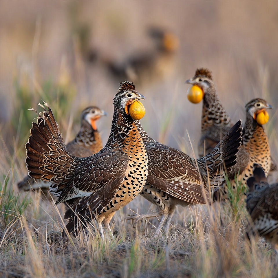 Birds collecting orange food in grassland Birds collecting orange food in grassland