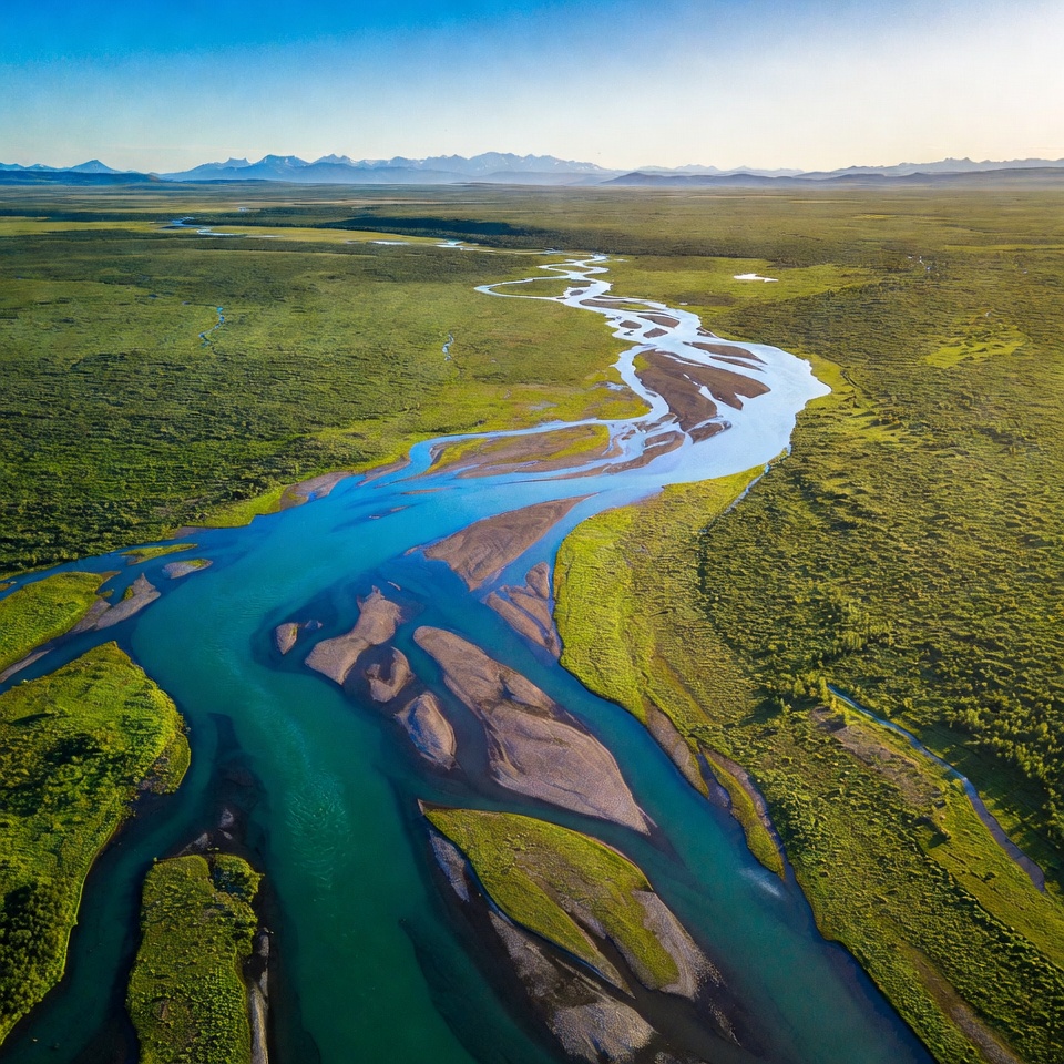 Winding river flows through green land Winding river flows through green land
