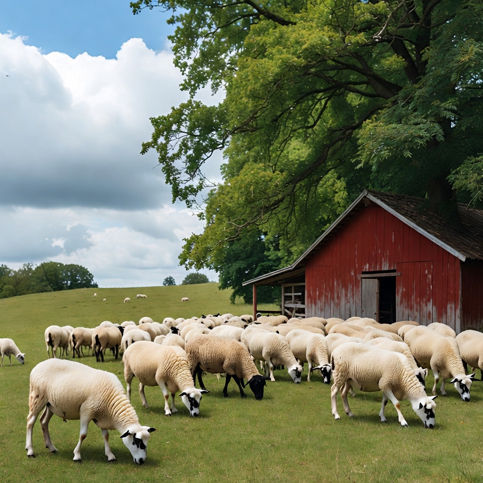 Sheep grazing near red barn Sheep grazing near red barn