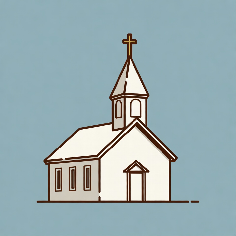 Church building with a steeple and cross Church building with a steeple and cross