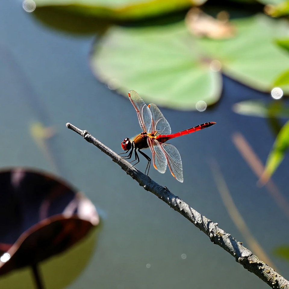 Dragonfly on a branch near water Dragonfly on a branch near water