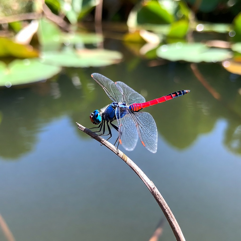 Dragonfly perched on a stick near water Dragonfly perched on a stick near water