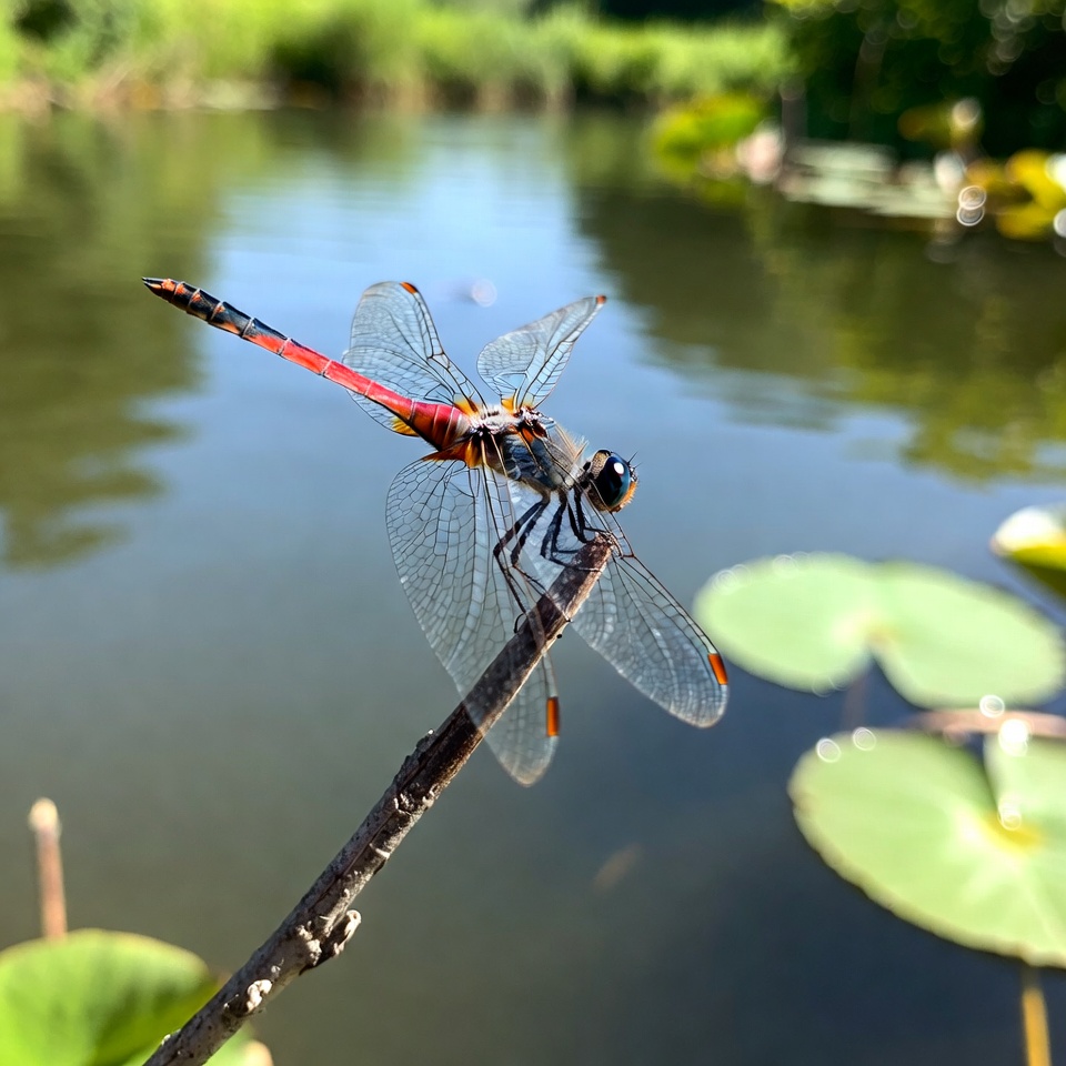 Dragonfly on a stick by the pond Dragonfly on a stick by the pond