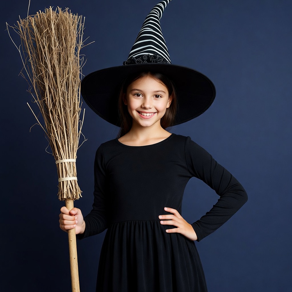 Child in witch costume with broom Child in witch costume with broom