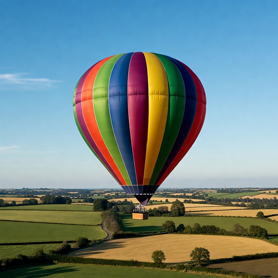 Colorful hot air balloon over fields Colorful hot air balloon over fields