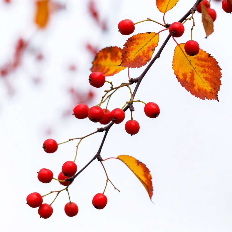 Red berries and yellow leaves on branch Red berries and yellow leaves on branch