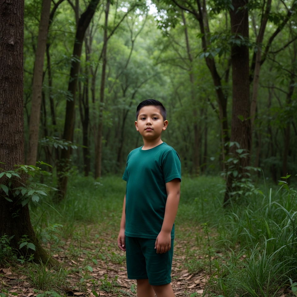 Boy standing in green forest Boy standing in green forest
