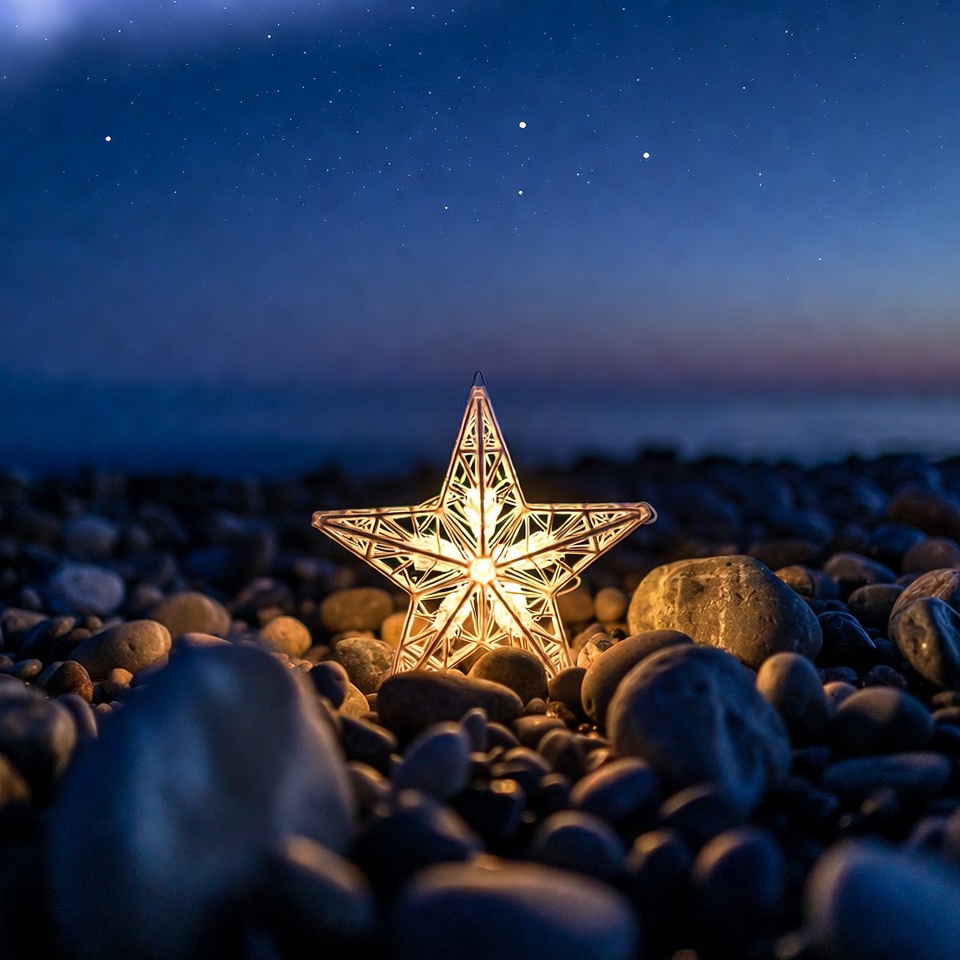 Star decoration on rocky beach at night Star decoration on rocky beach at night