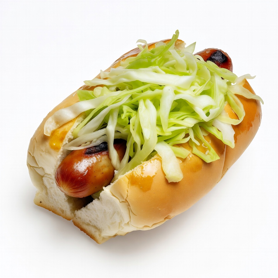 Hot dog with cabbage topping served on a bun Hot dog with cabbage topping served on a bun