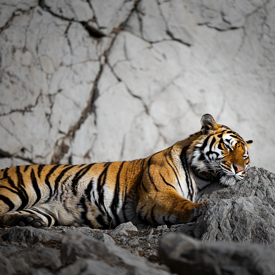 Tiger resting on rocky surface Tiger resting on rocky surface