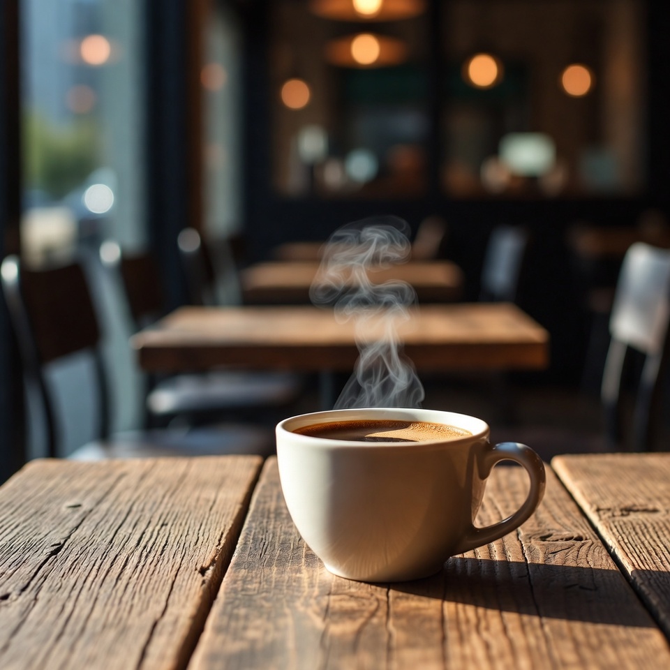 Steam rises from coffee cup in cafe Steam rises from coffee cup in cafe