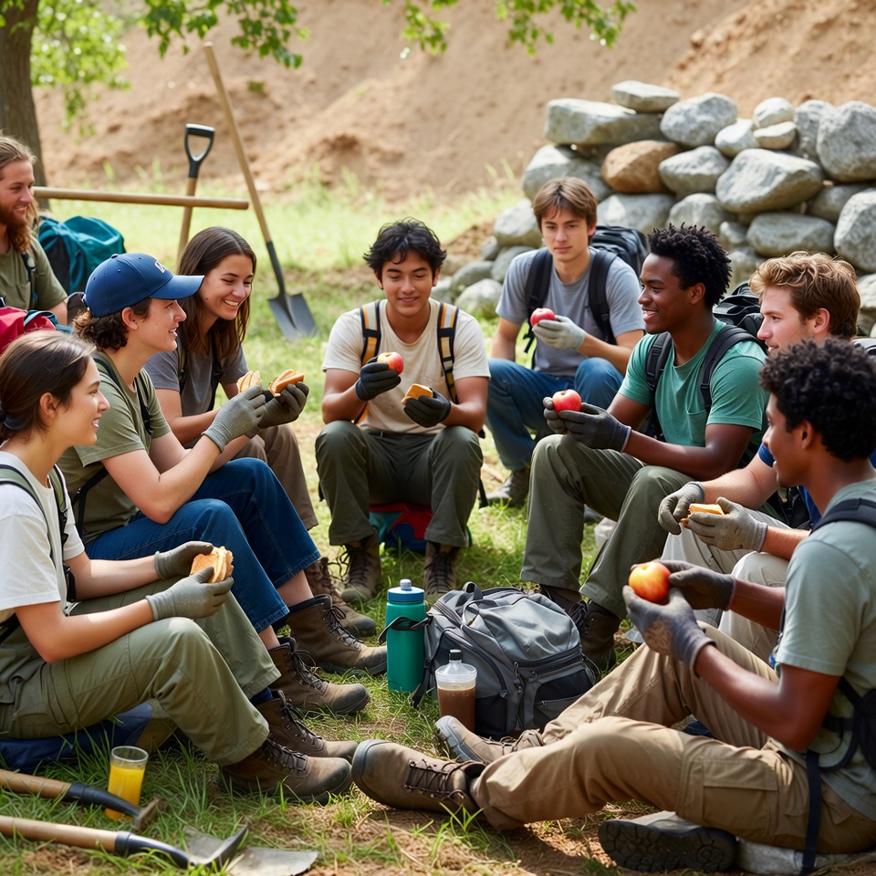 Group enjoys snack break in garden Group enjoys snack break in garden