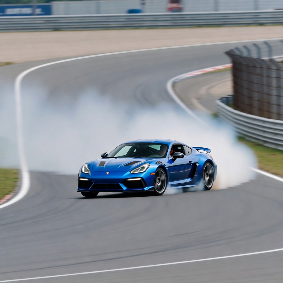 Car drifts on racetrack with smoke cloud Car drifts on racetrack with smoke cloud