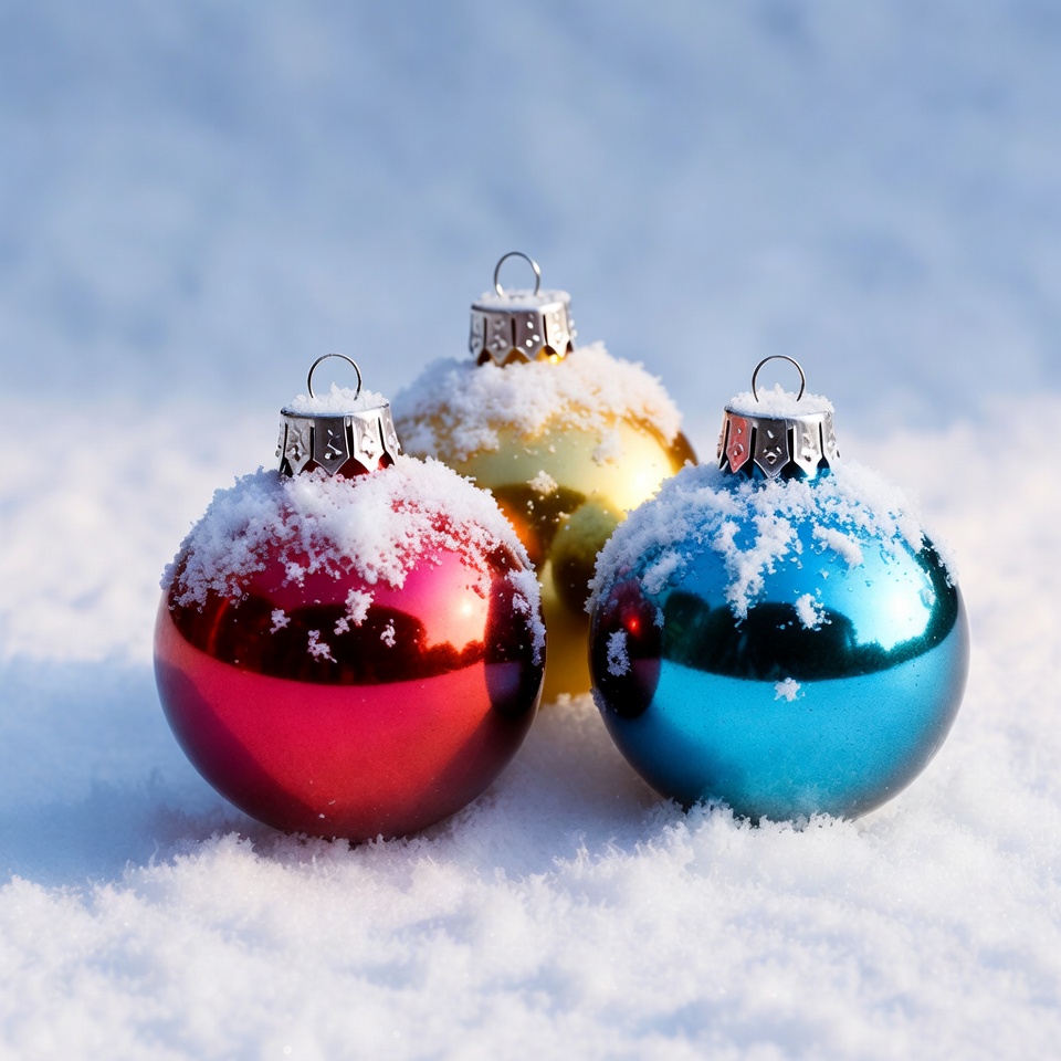 Colorful ornaments on snowy ground Colorful ornaments on snowy ground