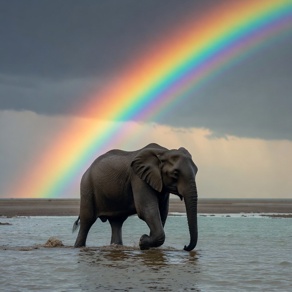 Elephant walking in water with rainbow Elephant walking in water with rainbow