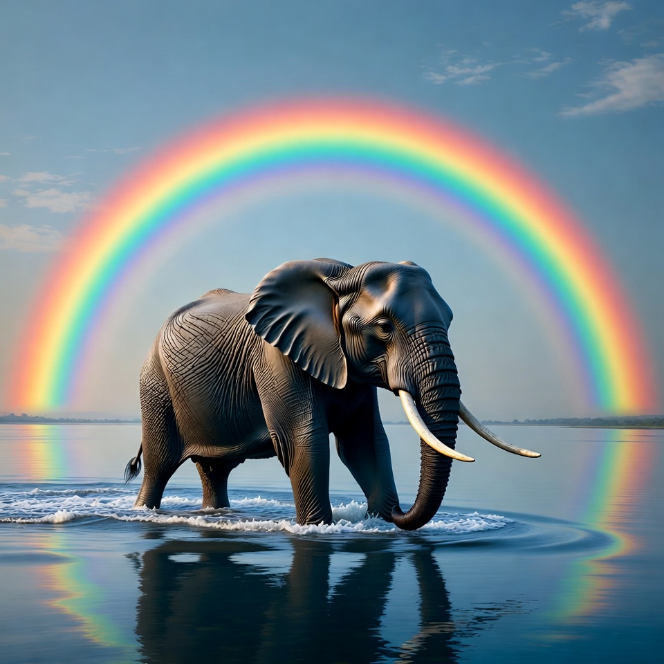 Elephant under rainbow over water Elephant under rainbow over water