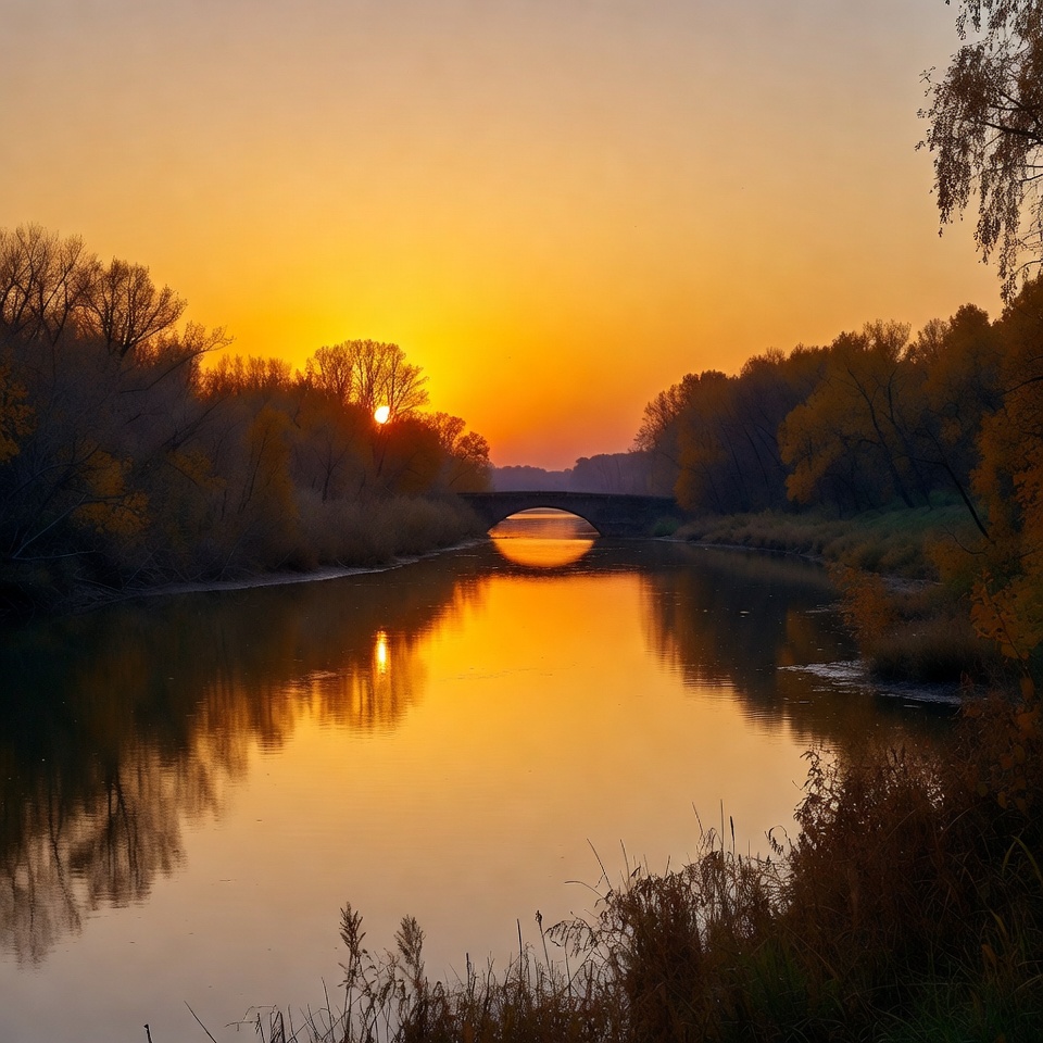 Sunset over river and bridge Sunset over river and bridge