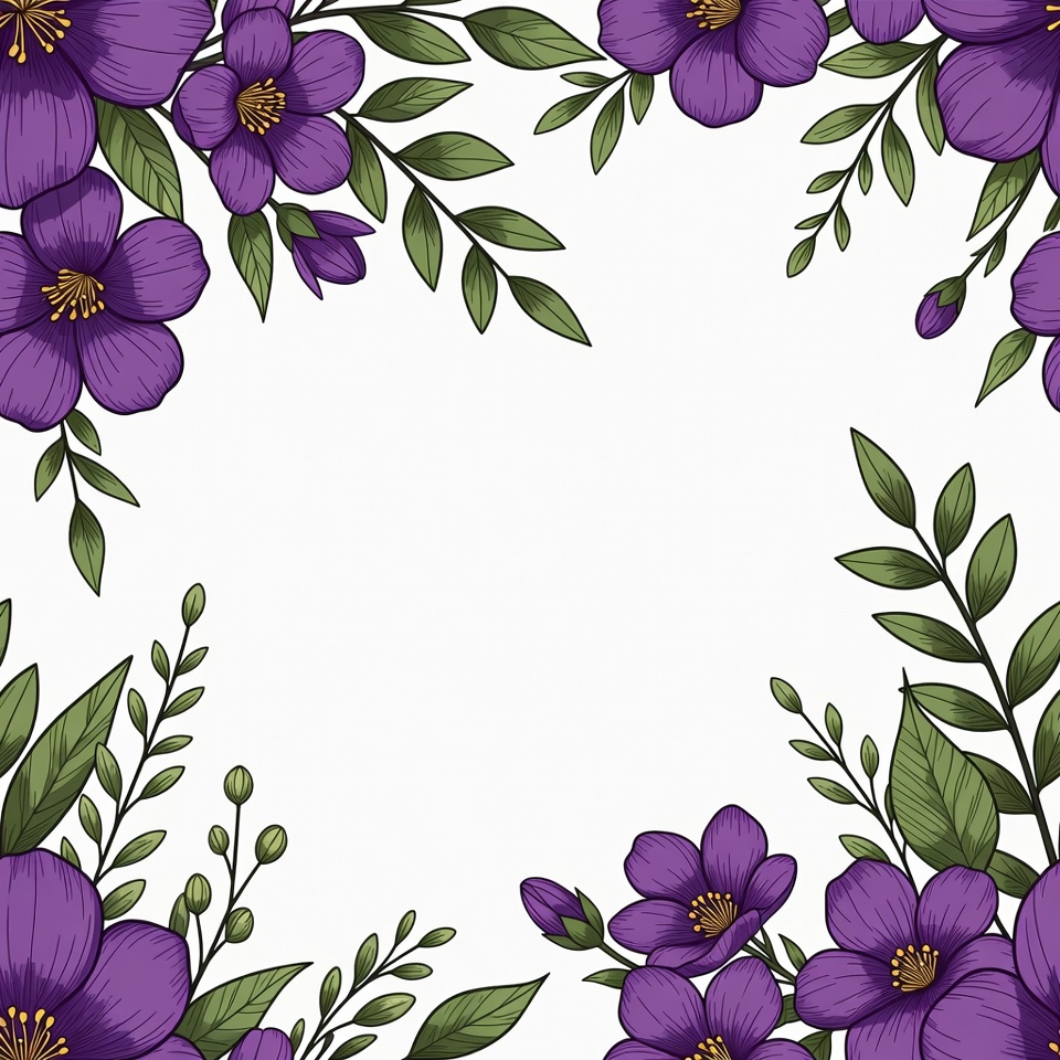 Purple flowers with green leaves border Purple flowers with green leaves border