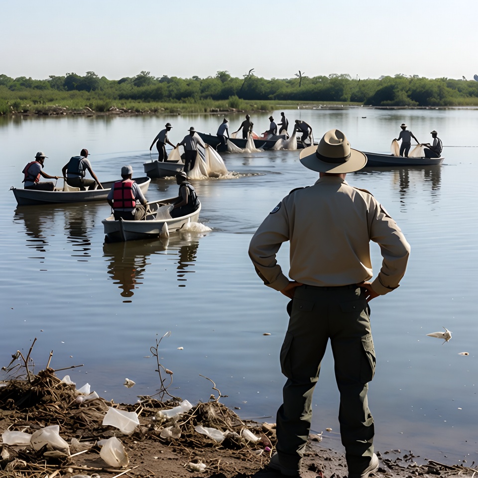 Fishing activity on the river in the morning Fishing activity on the river in the morning