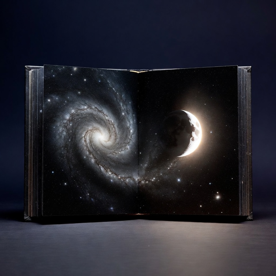Book open to galaxy and moon Book open to galaxy and moon