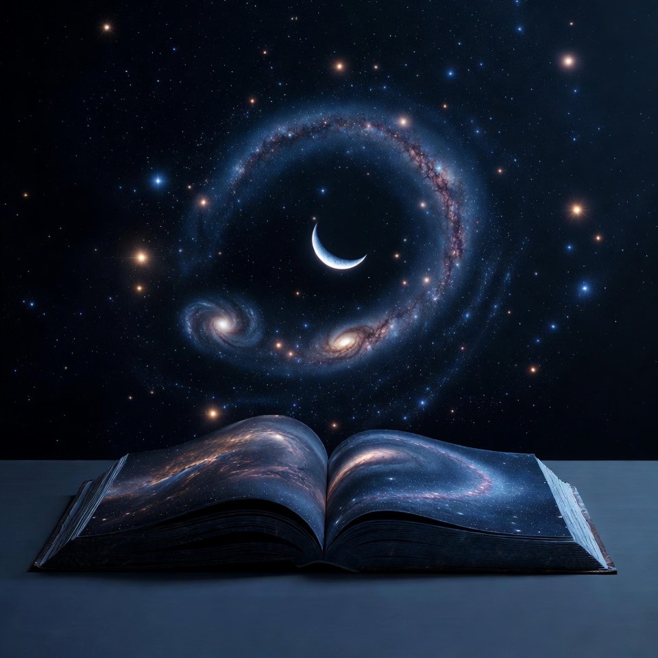 Book opens to galaxy scene Book opens to galaxy scene