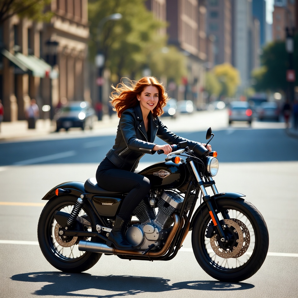 Woman riding motorcycle in city Woman riding motorcycle in city