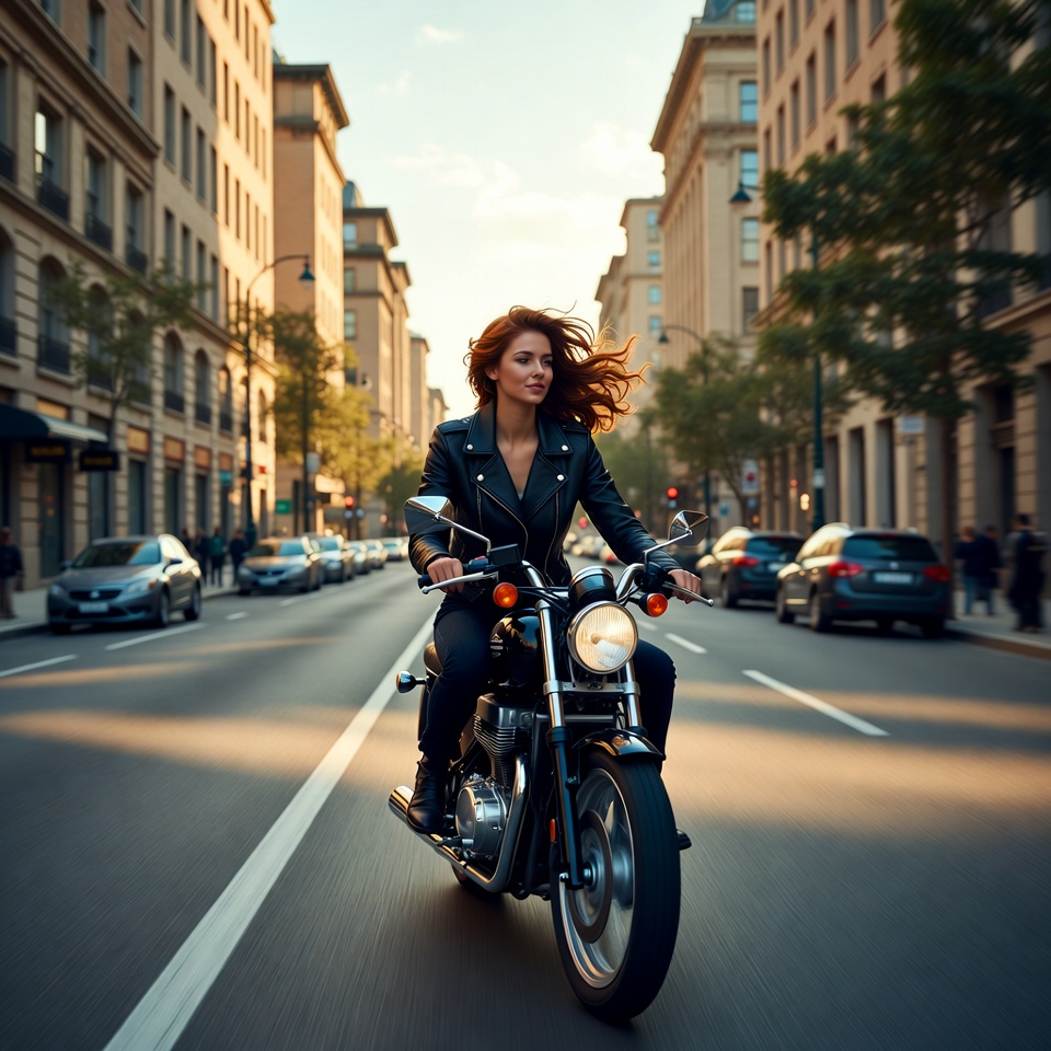 Woman riding motorcycle in city streets Woman riding motorcycle in city streets