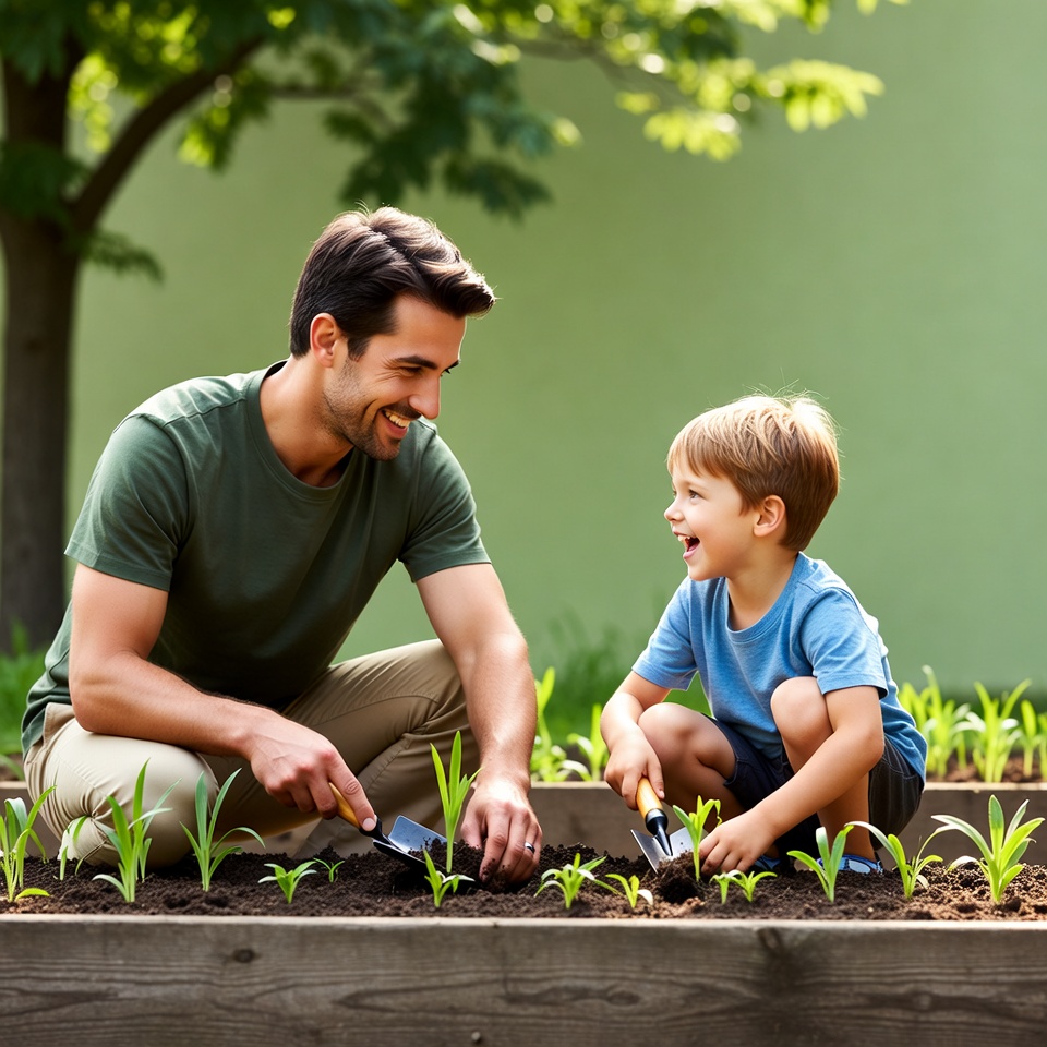 Father and son planting in garden Father and son planting in garden