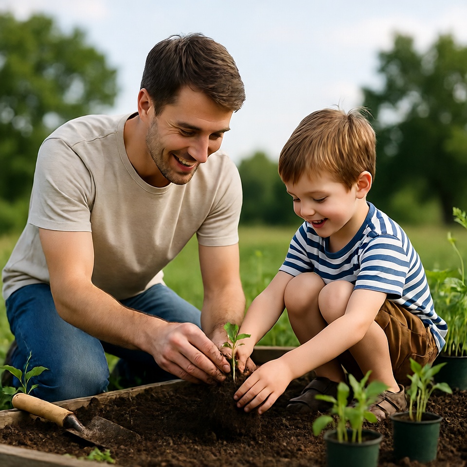 Father and child planting in garden Father and child planting in garden