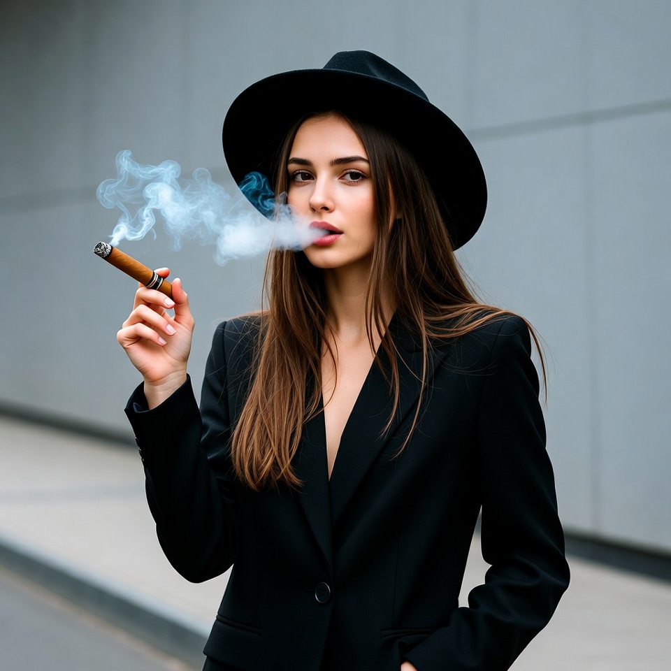 Woman smoking cigar in urban setting Woman smoking cigar in urban setting