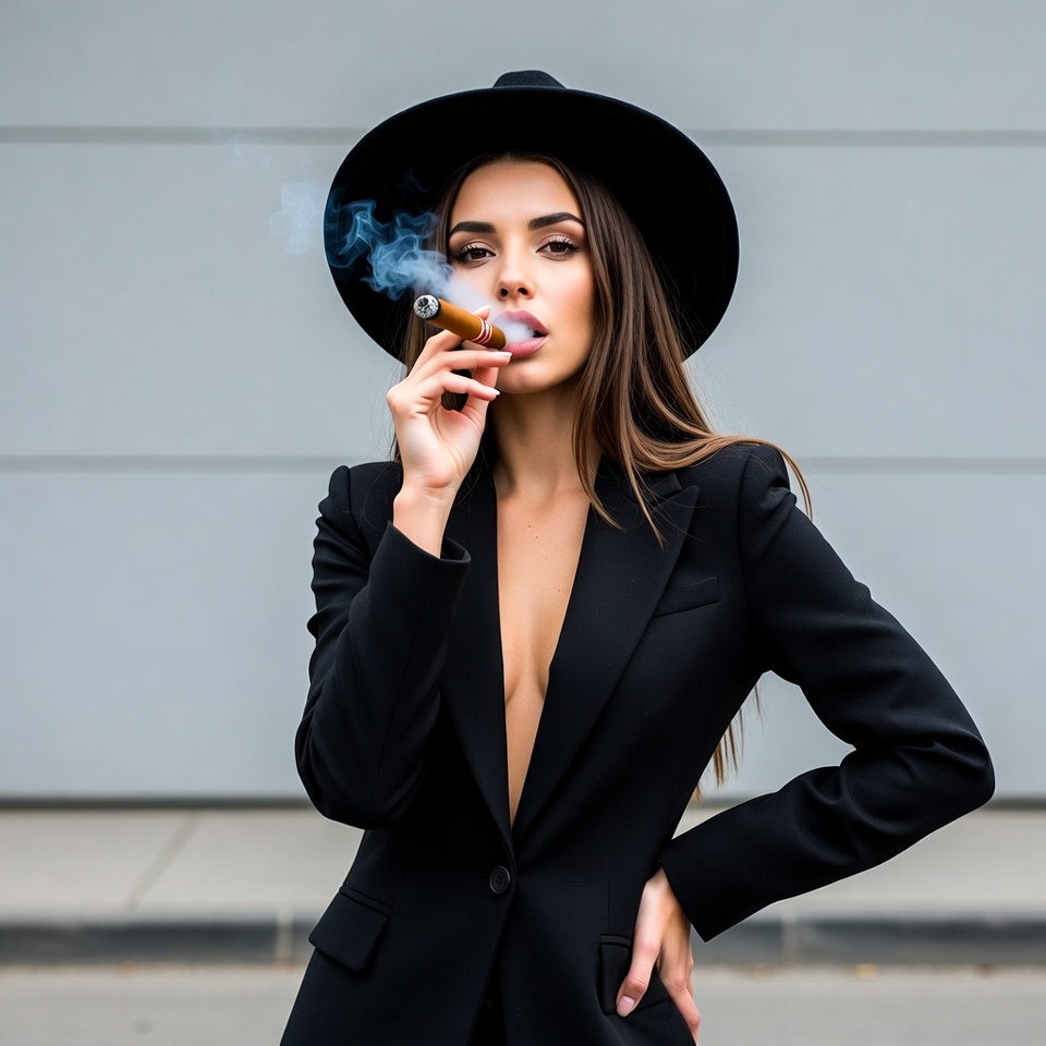 Woman in black suit smoking cigar Woman in black suit smoking cigar