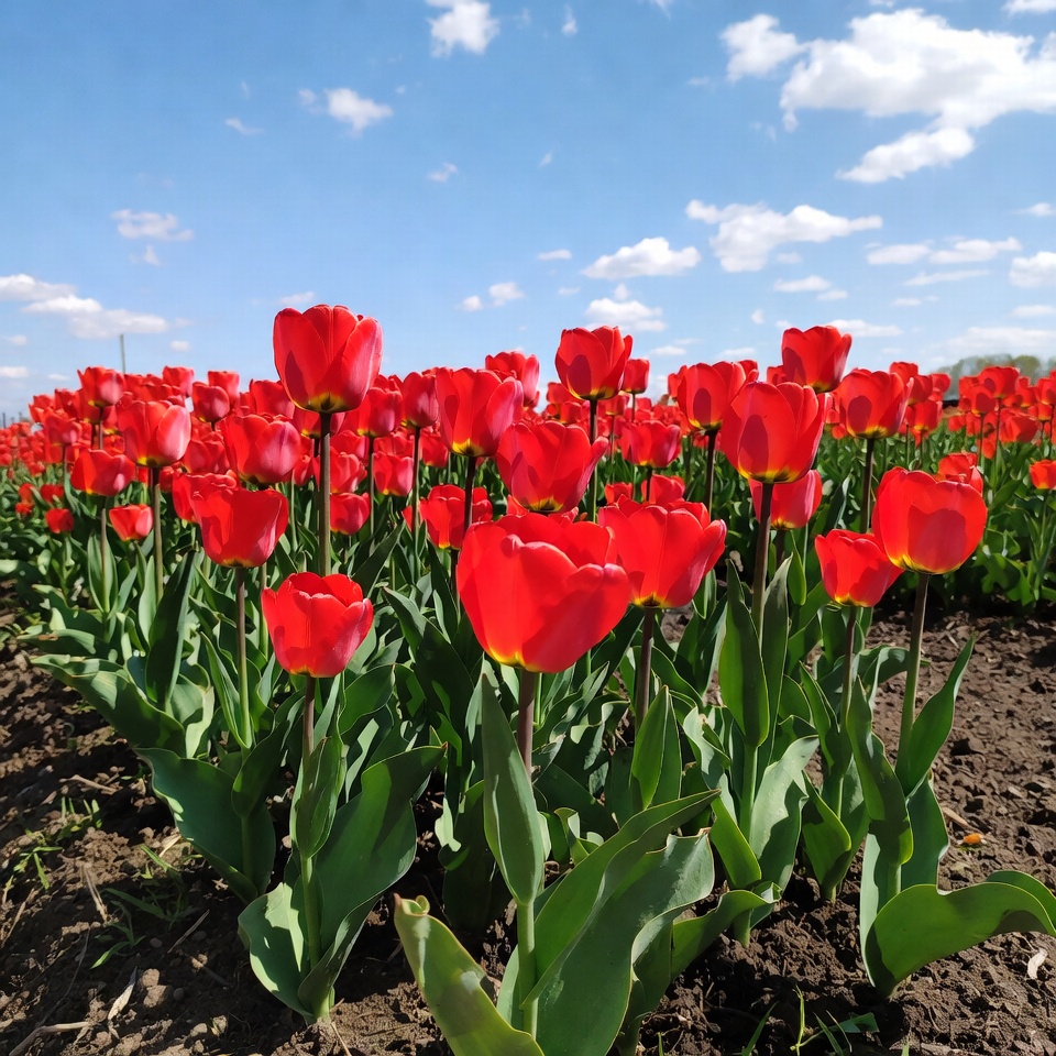 Field of red tulips in bloom Field of red tulips in bloom