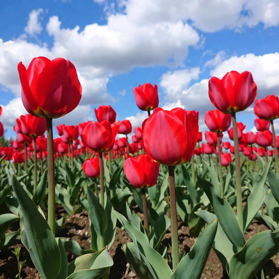 Red tulips blooming under blue sky Red tulips blooming under blue sky