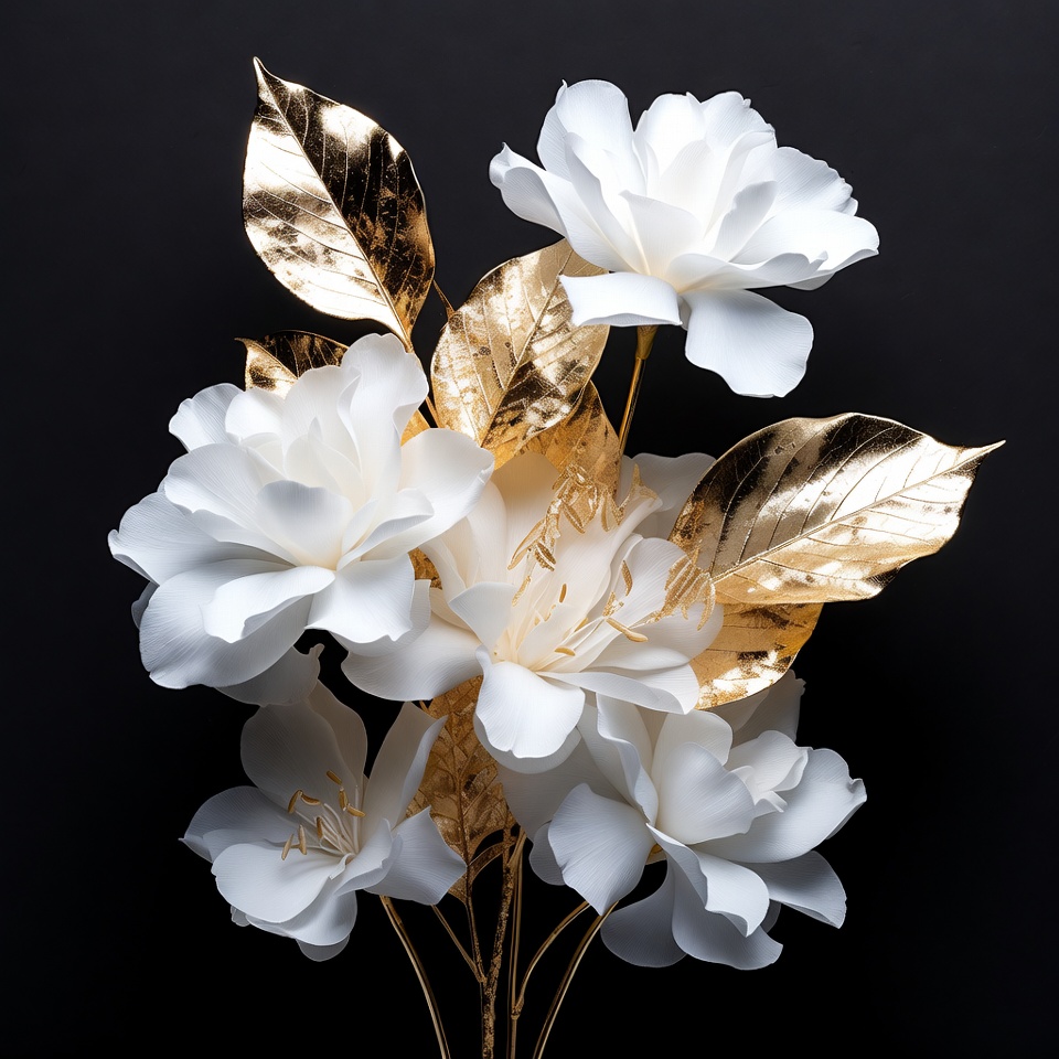 White flower arrangement with gold leaves White flower arrangement with gold leaves