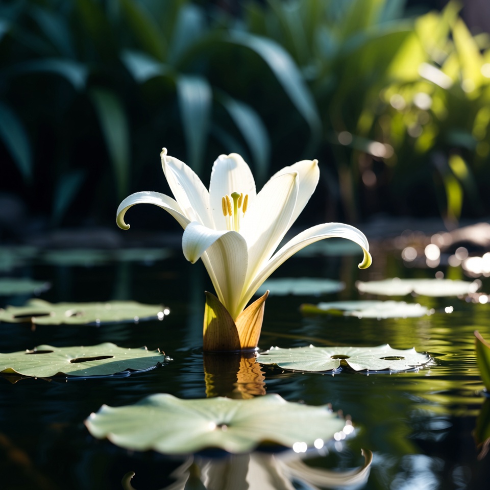White lily blooms in water pond White lily blooms in water pond