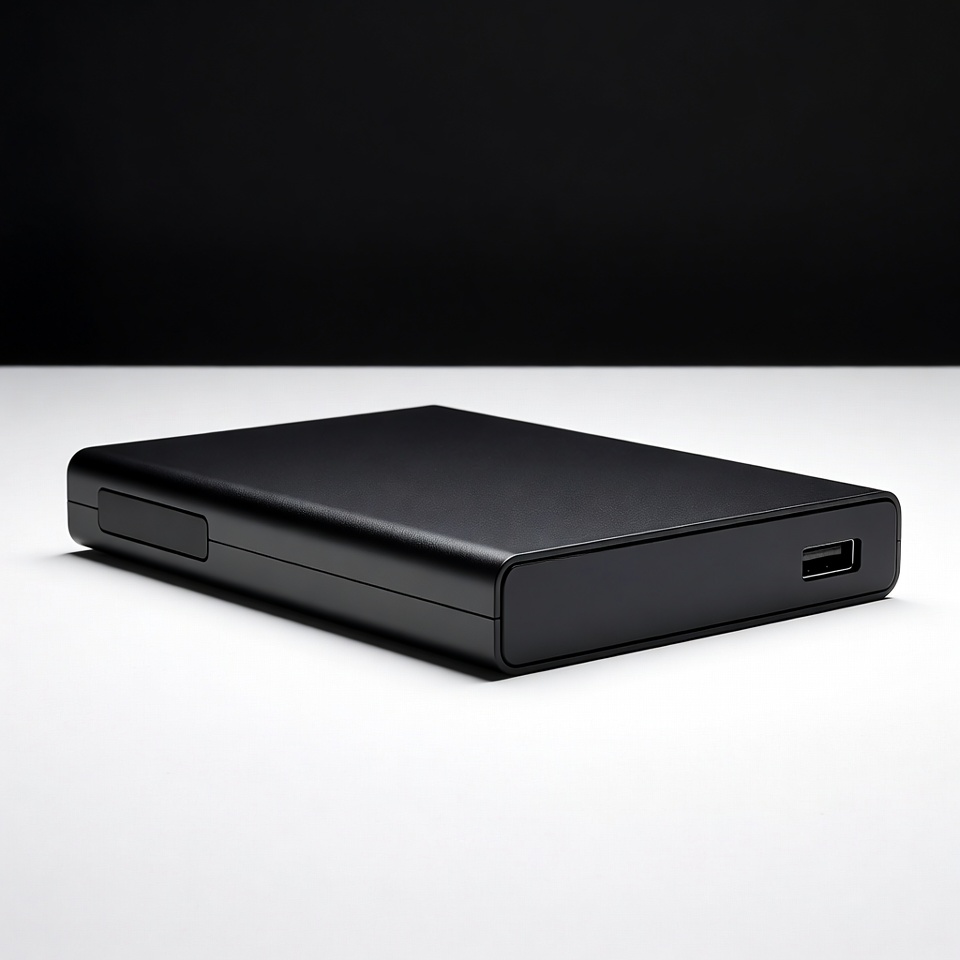 Small black external storage device on table Small black external storage device on table