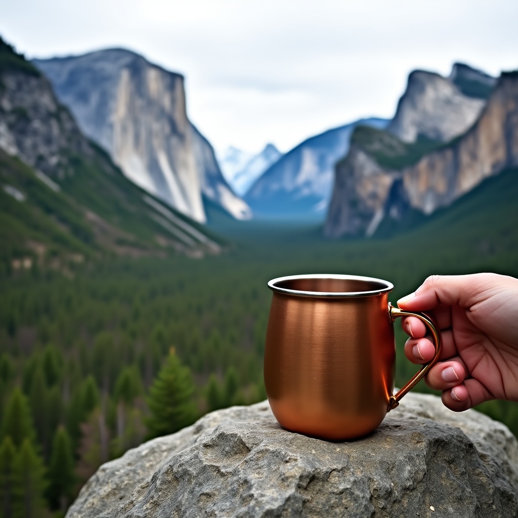 Hand holding cup in yosemite valley Hand holding cup in yosemite valley