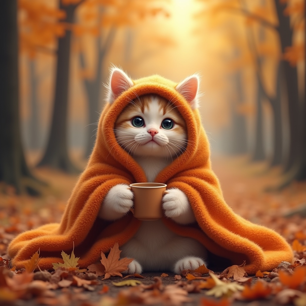 Cat in orange blanket holds cup Cat in orange blanket holds cup