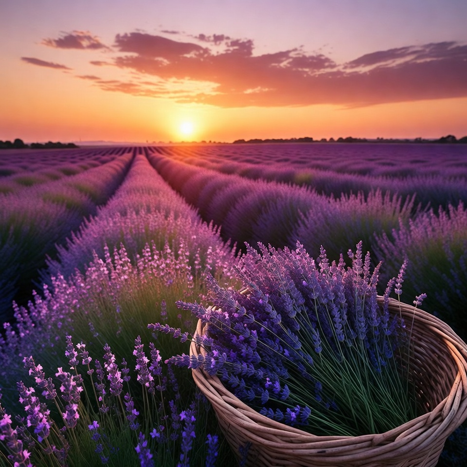 Lavender field at sunset near a basket Lavender field at sunset near a basket