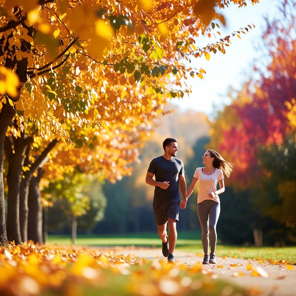 Couple jogging in autumn park path Couple jogging in autumn park path