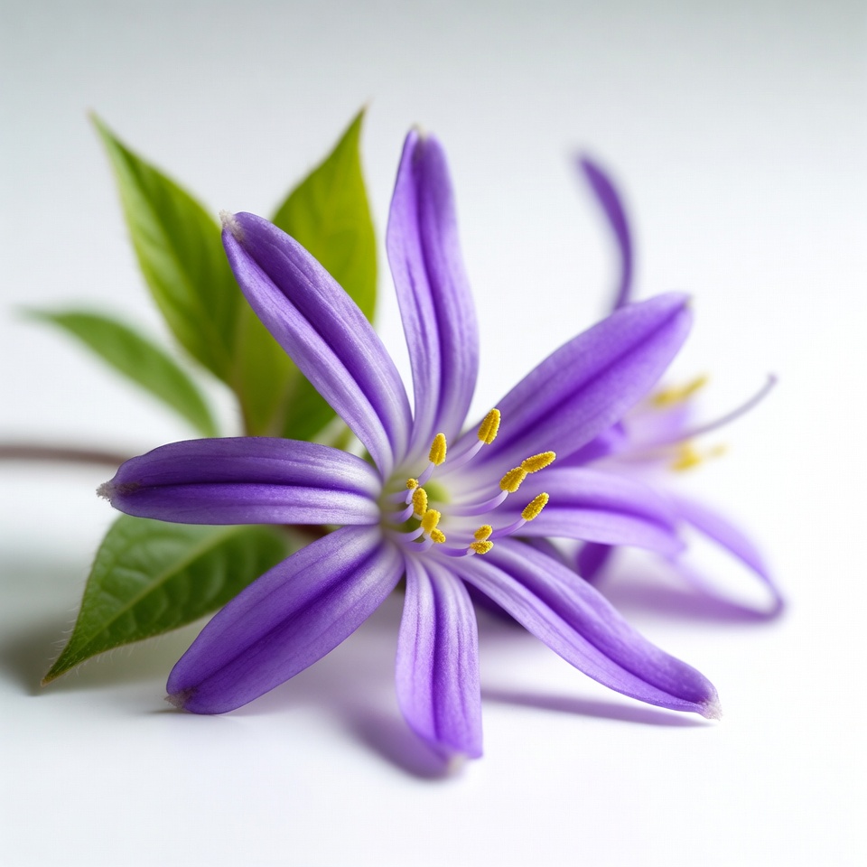 Purple flower with green leaves on table Purple flower with green leaves on table