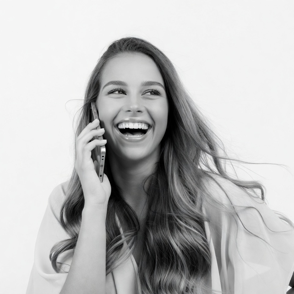 Woman laughing while talking on phone Woman laughing while talking on phone