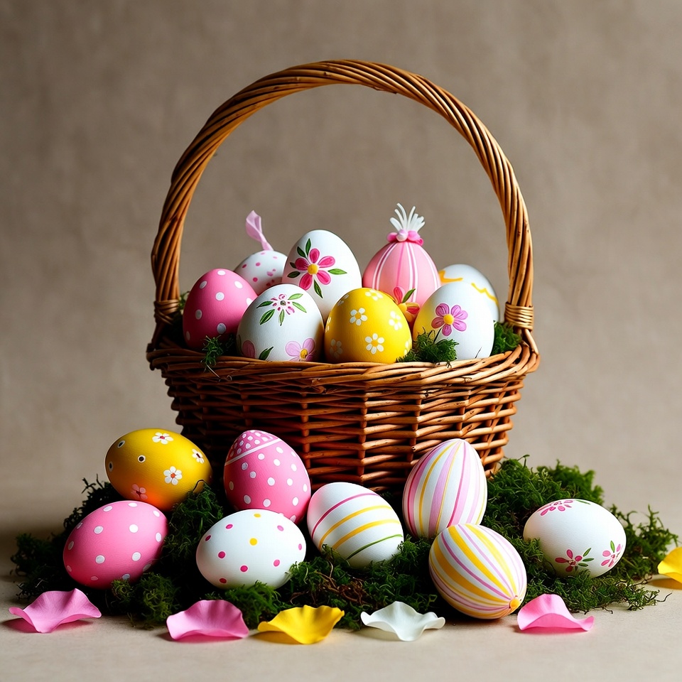 Colorful easter eggs in a basket Colorful easter eggs in a basket