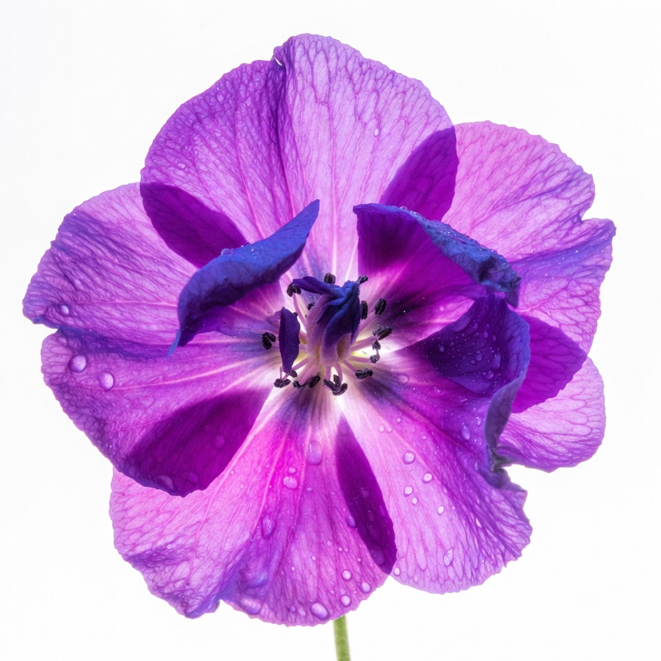 Purple flower with droplets on petals Purple flower with droplets on petals