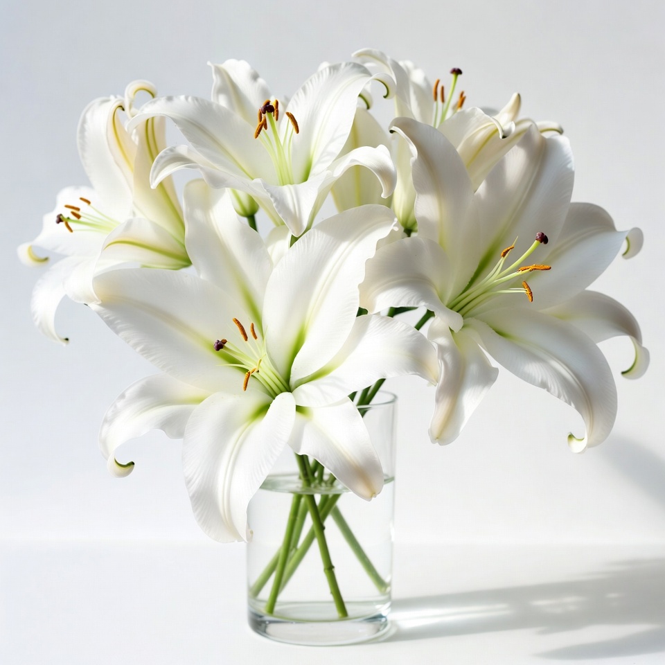 White lilies in glass vase with simple background White lilies in glass vase with simple background
